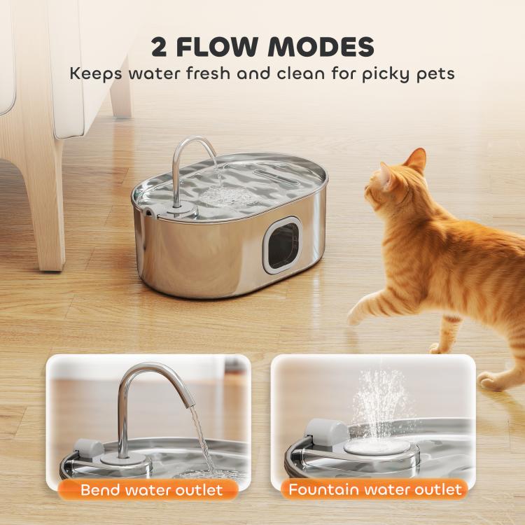 Stainless steel pet water fountain with dual outlet nozzles and flowing water