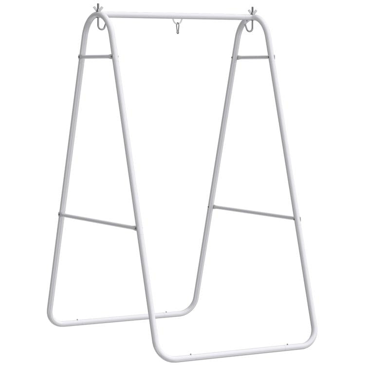 White A-frame steel hanging chair stand with arched top and side base legs