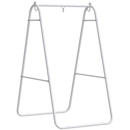White A-frame steel hanging chair stand with arched top and side base legs