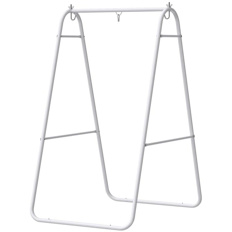 White A-frame steel hanging chair stand, front view with top support hooks