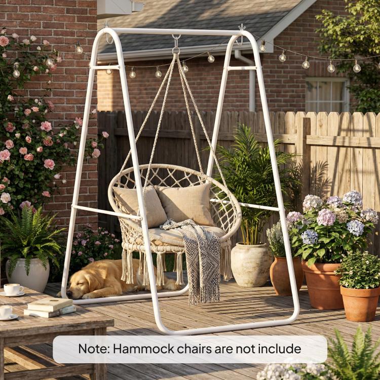 White heavy-duty A-frame hammock chair stand with two top hooks, solid steel.