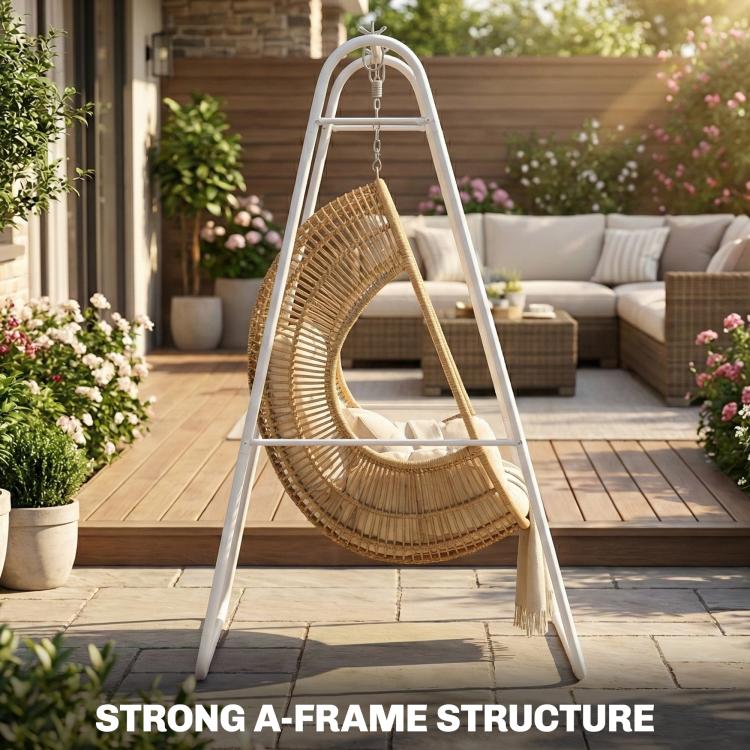 White A-frame steel stand supporting a woven egg chair with hanging chain