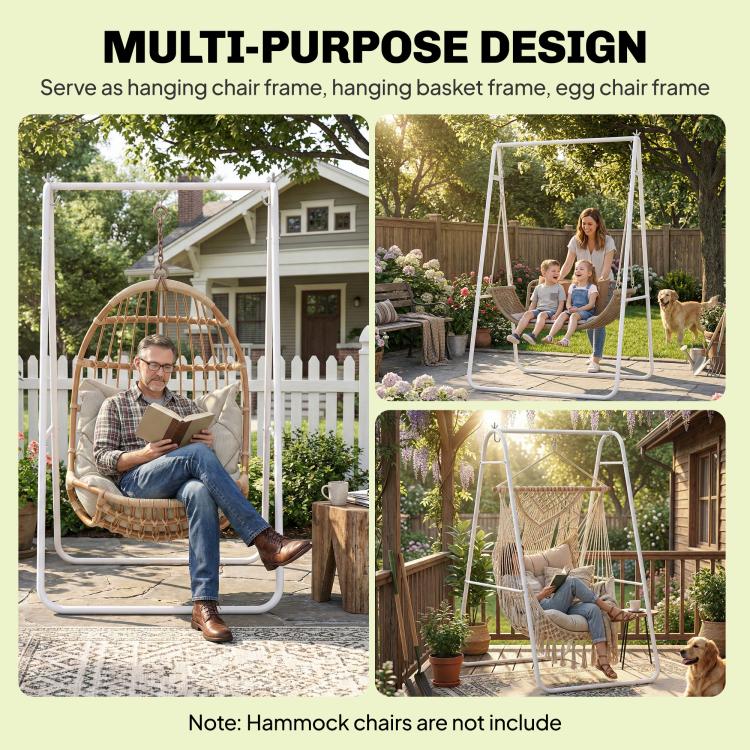 White A-frame steel stand shown with hanging egg chair in backyard setting