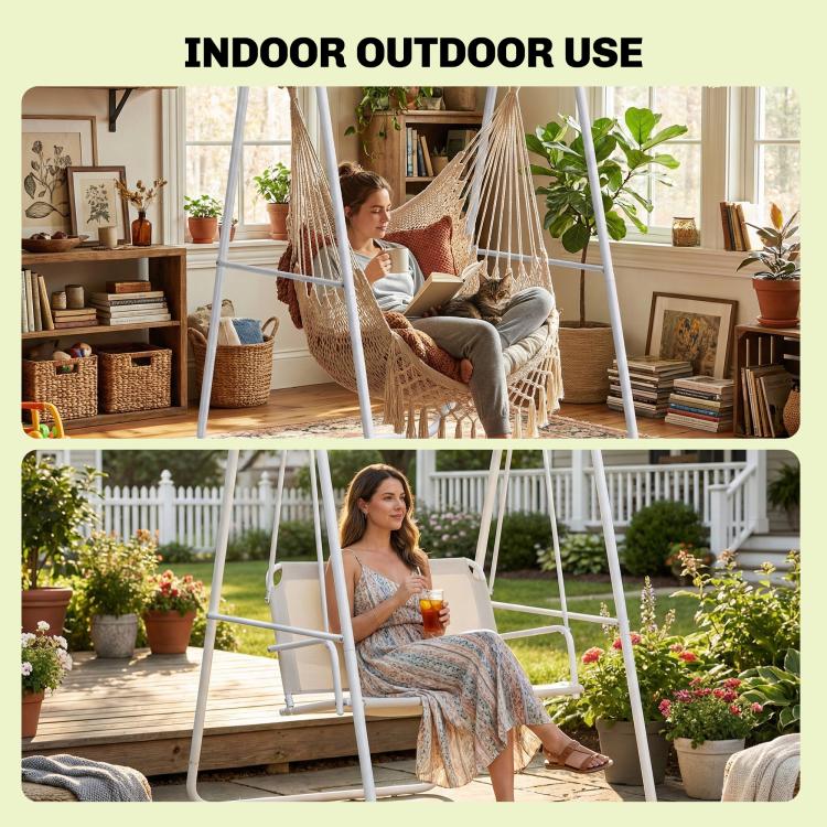 White A-frame steel hanging chair stand shown for indoor and outdoor use