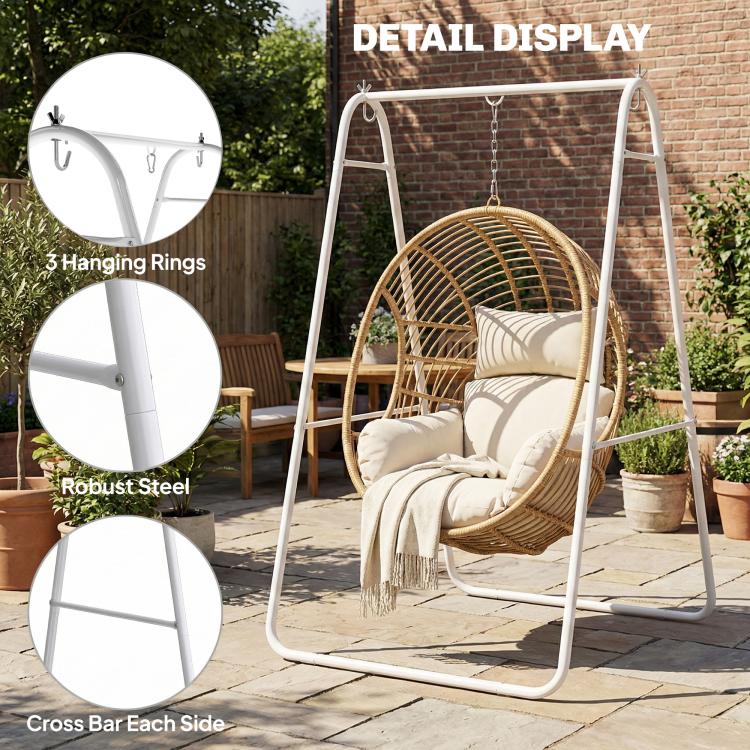 White steel A-frame stand with three hanging rings and side crossbar