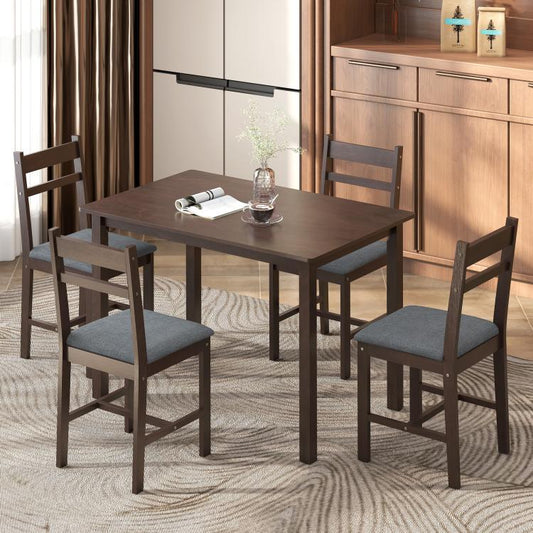 Square dining table with four upholstered chairs, walnut-brown farmhouse set