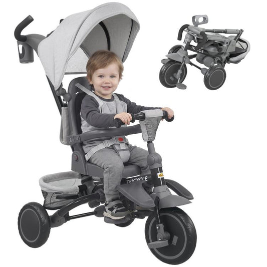 Gray kids tricycle stroller with removable canopy and adjustable push handle