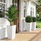 Three white square outdoor planters with stone texture