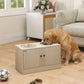 Raised dog feeding cabinet with two bowls; golden retriever eating from front bowl