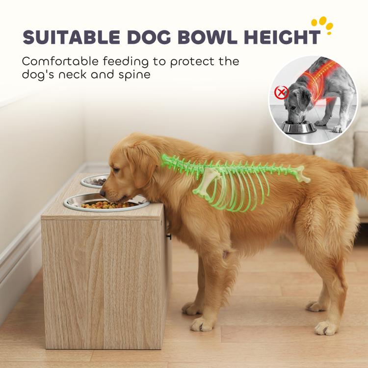 Raised dog feeding cabinet with stainless bowls; dog eating while neck stays level