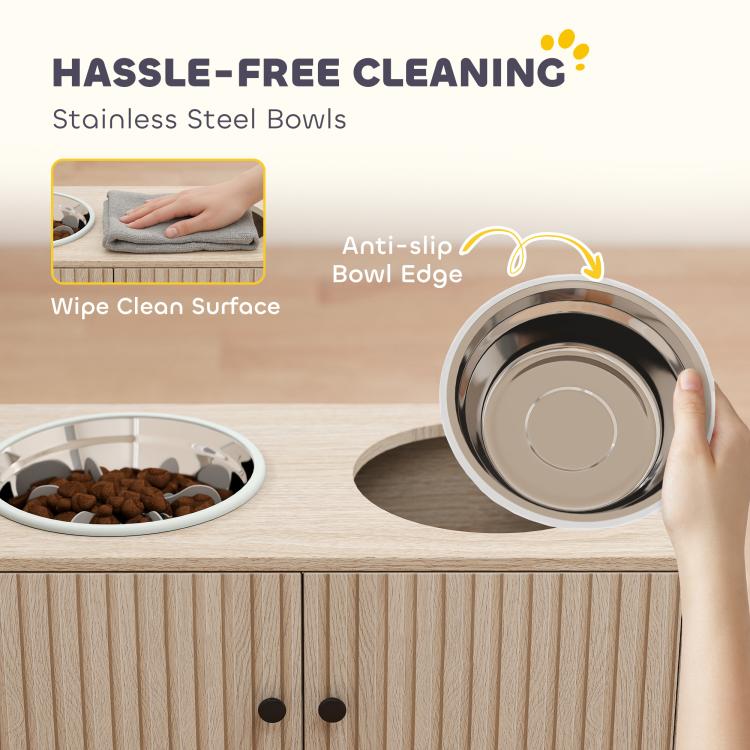 Wipe-clean stainless steel bowls in oak-tone dog cabinet with anti-slip rim