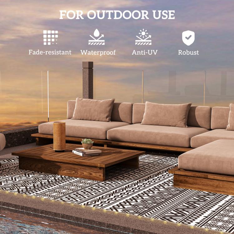 Outdoor patio rug with black-and-white geometric pattern for outdoor seating areas.