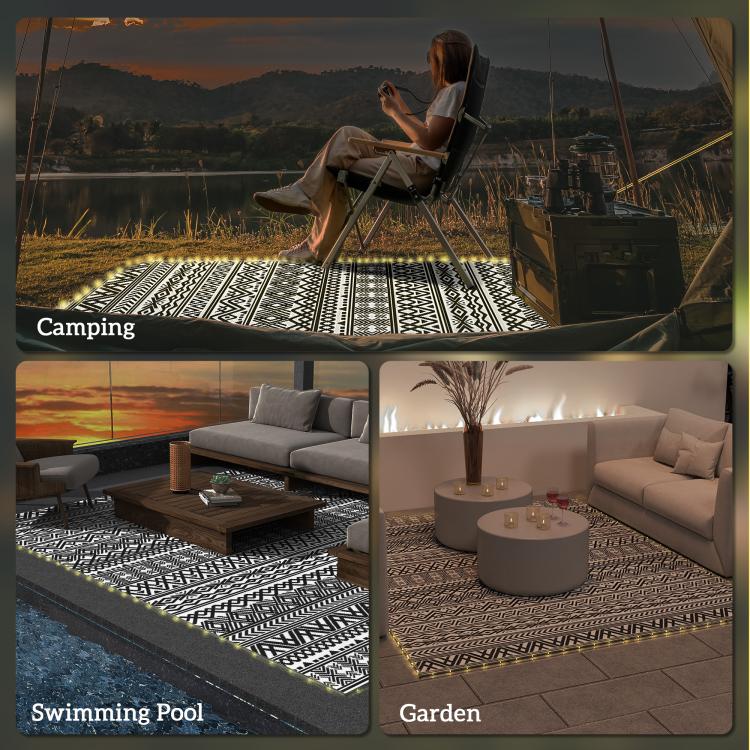 Outdoor camping rug with black-and-white geometric pattern across patio and garden settings.