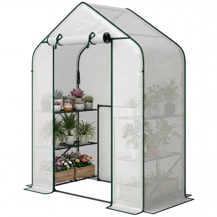 White greenhouse with green frame, open roll-up door with plants on black shelves