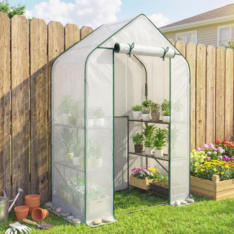 Outdoor white PE greenhouse with green frame, open door and potted plants on shelves