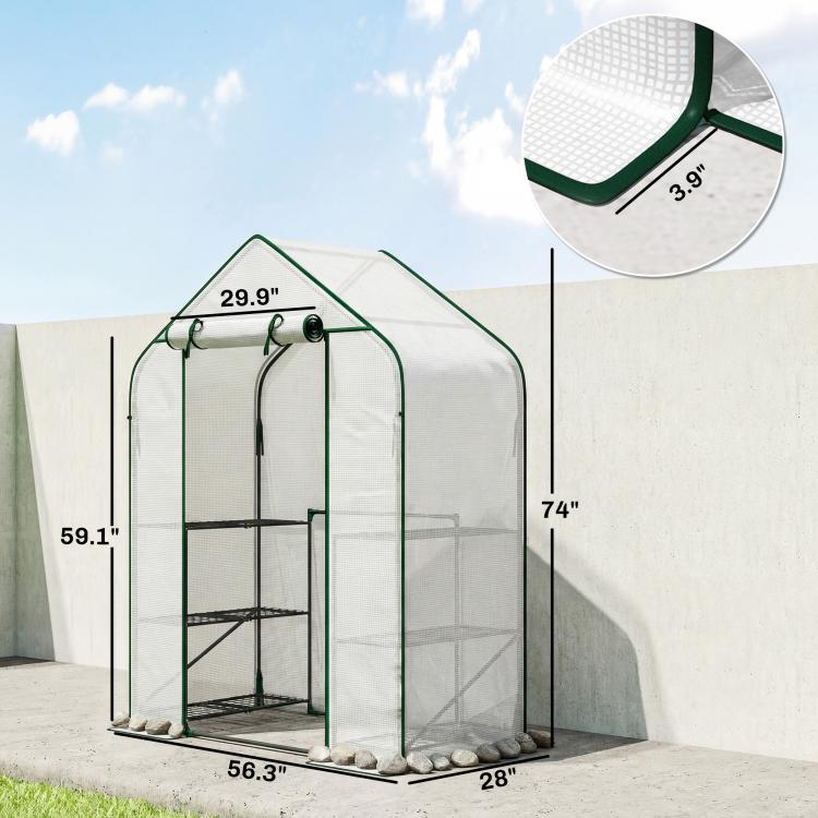 Portable greenhouse with white PE cover and green frame, roll-up door shown