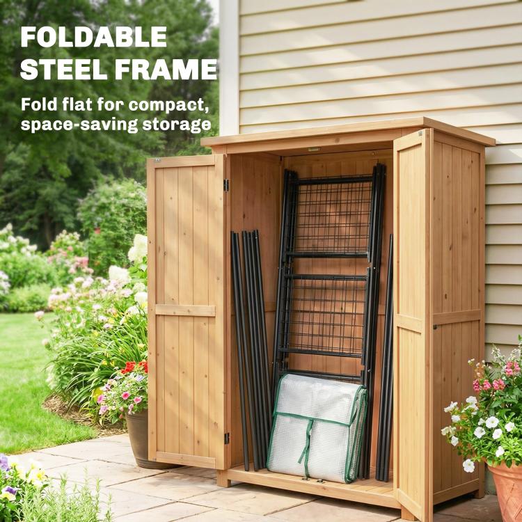 Foldable steel frame greenhouse storage shown in a wooden cabinet