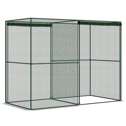 Green metal garden crop cage with mesh panels and open corner base