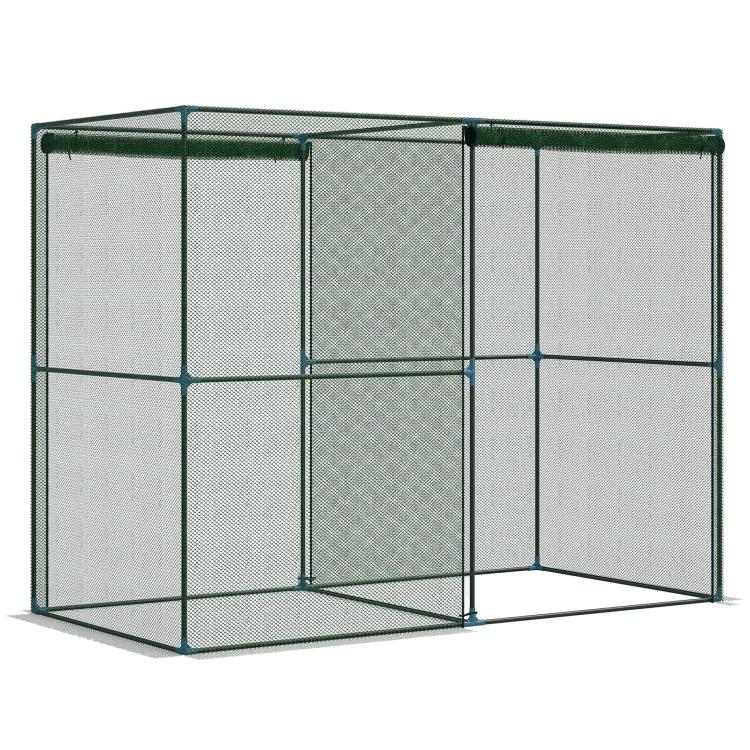 Green mesh walk-in garden cage with metal frame and enclosed panels