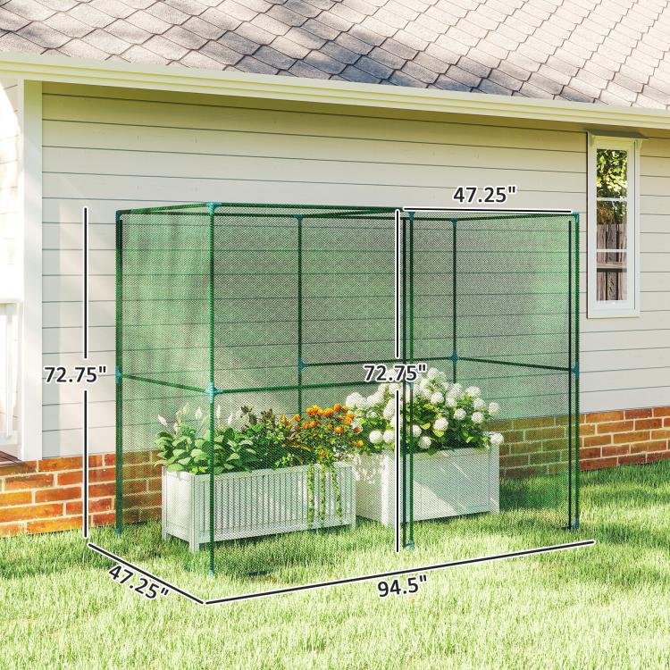 Green mesh crop cage with zippered front opening and raised platform base
