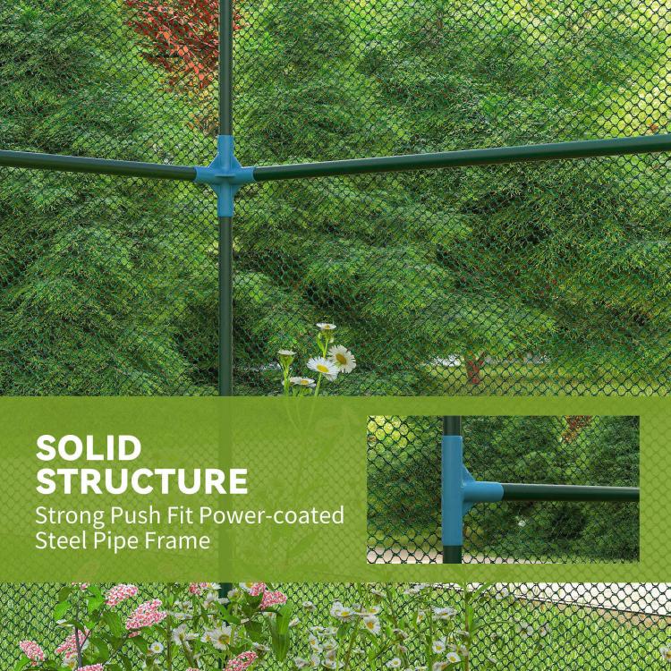 Green mesh enclosure with sturdy steel frame crossbars and side panels