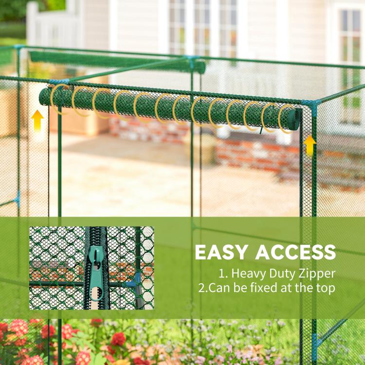 Green mesh cage with roll-up zipper door and top-mounted fasteners