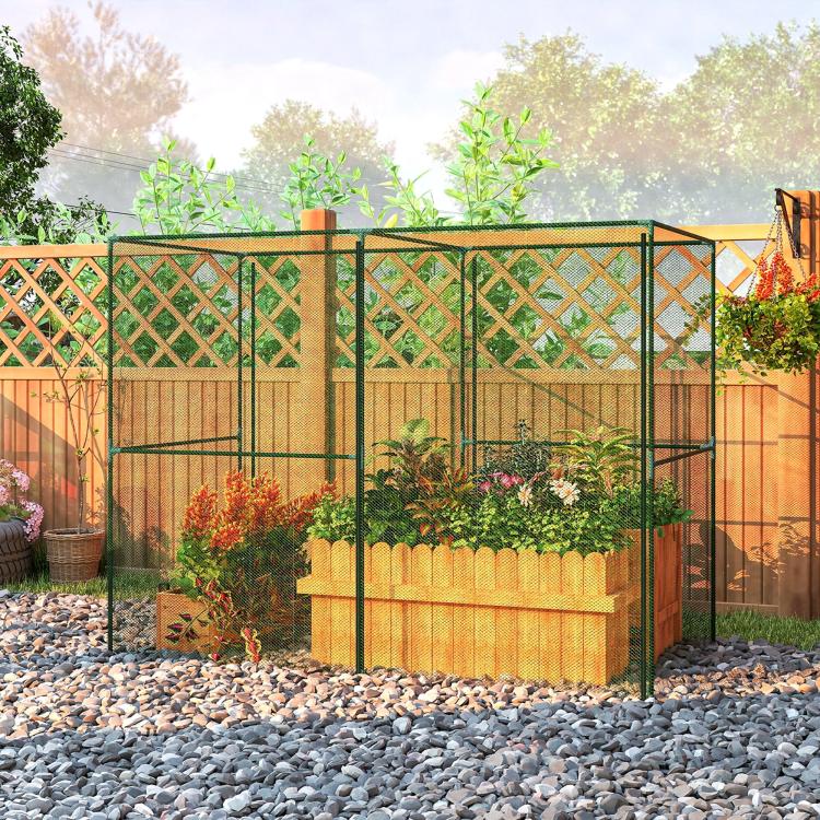 Green mesh plant cage enclosure with gate and screen panels for plants