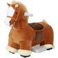 Brown plush ride-on horse with white face panels, orange bridle, and gray front base