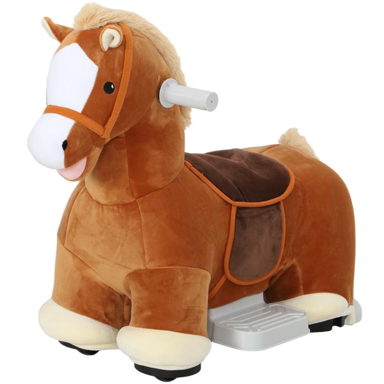 Brown plush ride-on horse with white face panels, orange bridle, and gray front base