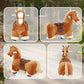 Battery-powered plush ride-on rocking horse, brown with white accents and foot pedal