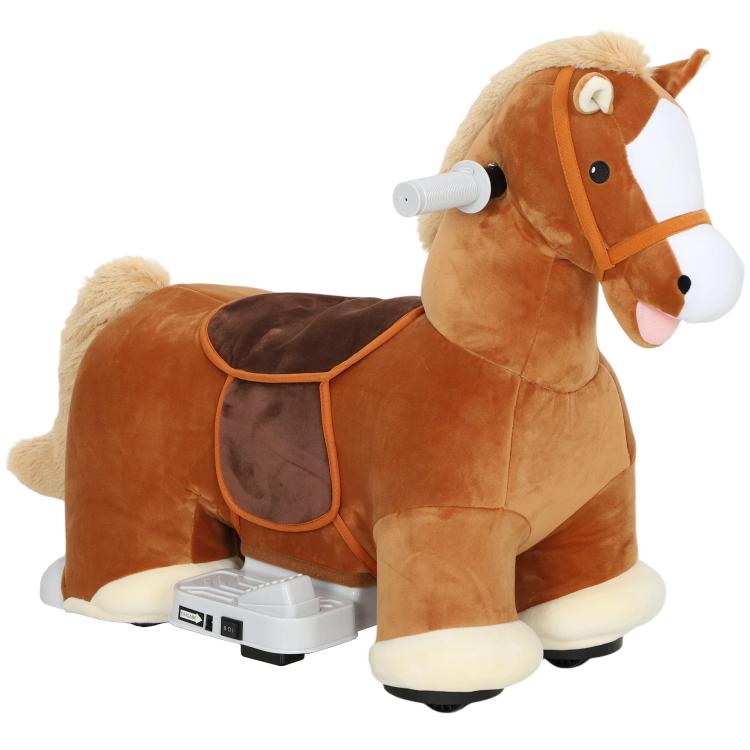 Brown plush ride-on horse with white mane, gray control box, and front foot pedal