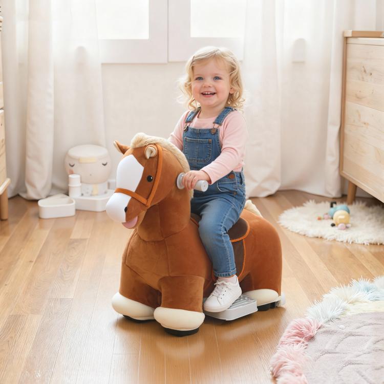 Brown plush ride-on horse with white accents, orange reins, and gray foot pedal