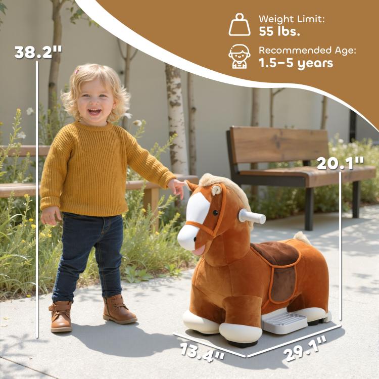 Brown plush electric ride-on horse with gray base and handle reins