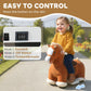 Brown ride-on horse with forward control panel, gray handle reins, and plush body