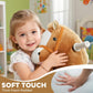 Soft-touch brown plush ride-on horse with white muzzle and gray handle reins