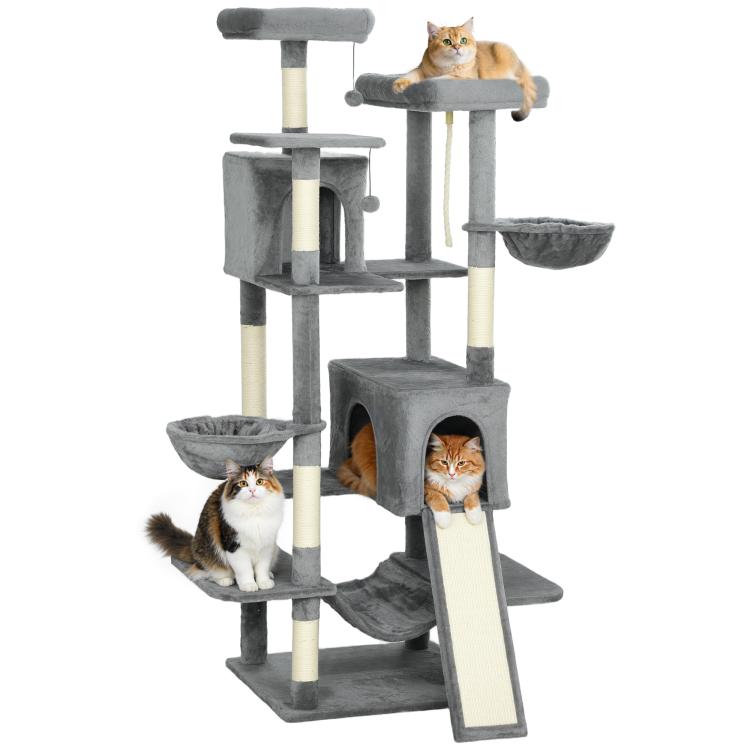 Dark gray multi-level cat tree with platforms, condos, hammocks, and scratching posts.
