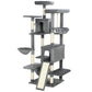 Dark gray cat tower with multiple perches, enclosed condos, and hanging hammock bed.