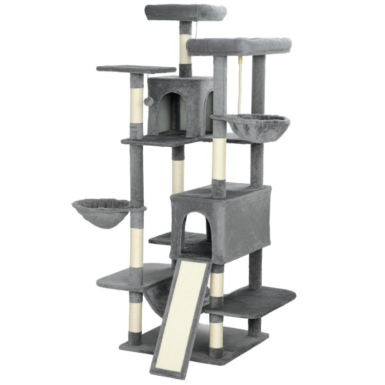 Dark gray cat tower with multiple perches, enclosed condos, and hanging hammock bed.