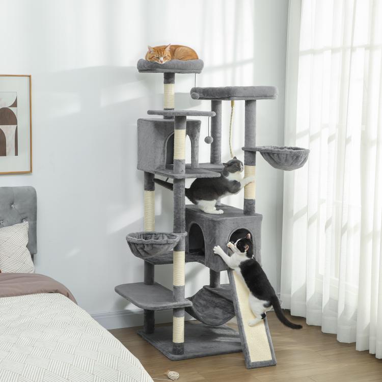 Multi-level cat tree with dark gray perches, top condo, and hanging hammock for cats.