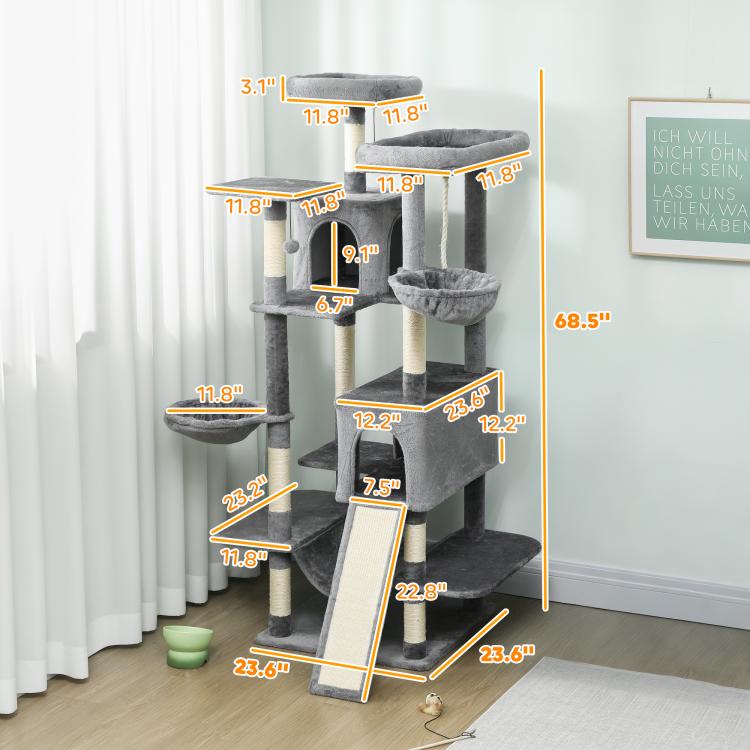 Dimension diagram of dark gray multi-level cat tree with platforms and hanging hammock.