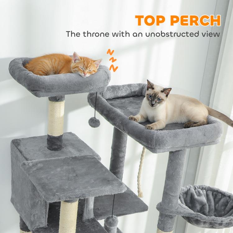 Top perch and side platforms on dark gray cat tree; two cats relaxing and lounging.