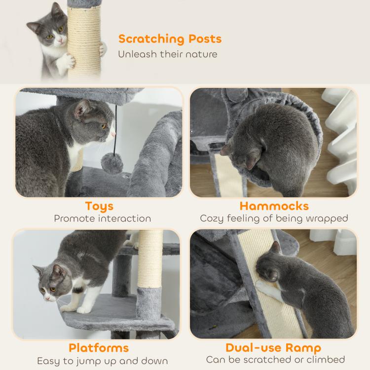 Collage of dark gray cat tower features: scratching posts, hammocks, and platforms.