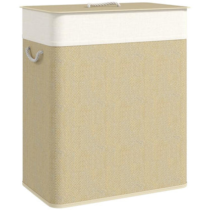 Double laundry hamper with lid, natural woven fabric basket with rope handles