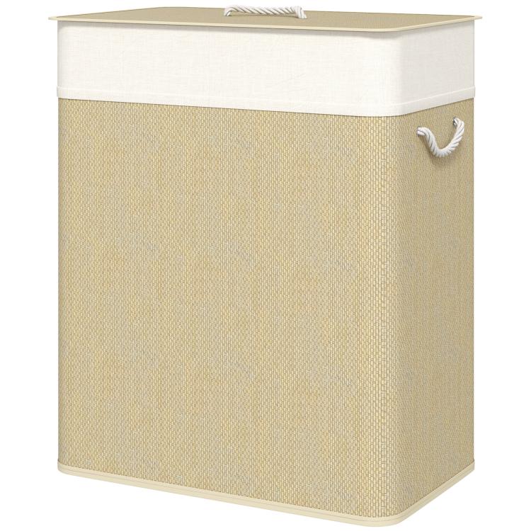 Double laundry hamper with lid, natural woven fabric with rope handle on side