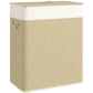 Beige fabric laundry hamper with snap-on lid and rope handle, rectangular with textured weave