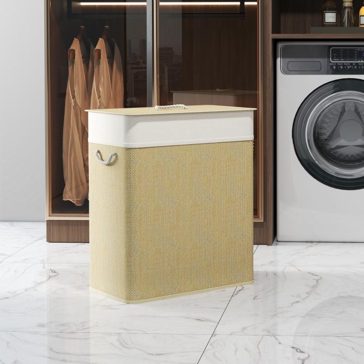 Double laundry hamper with lid and rope handle, natural woven fabric basket