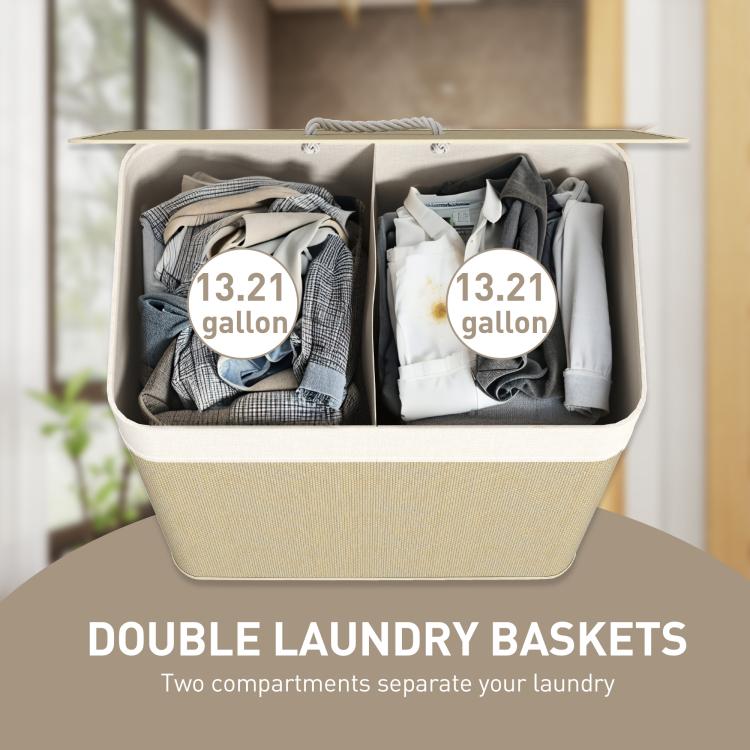 Double laundry hamper with lid, open top showing two compartments and liner