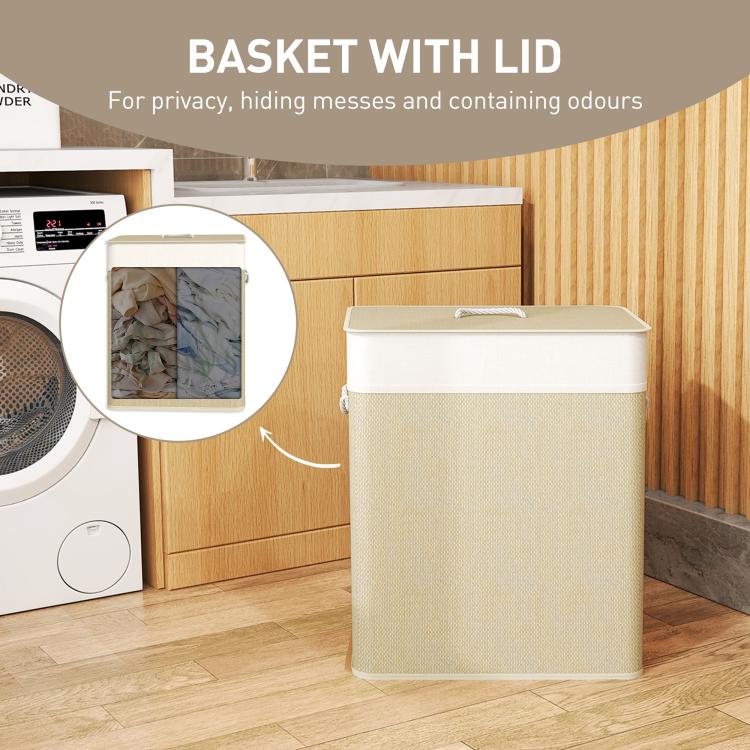 Double laundry hamper with lid, natural woven basket with rope handle detail