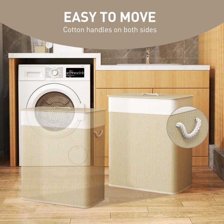 Double laundry hamper with lid, rope handles on both sides, natural woven basket