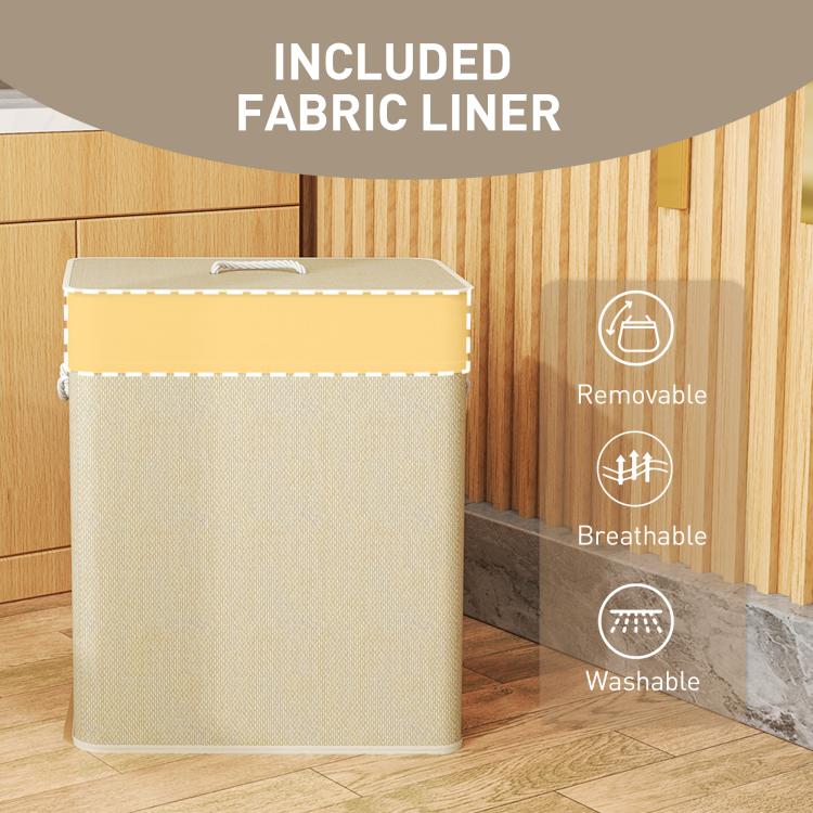 Double laundry hamper with lid, removable natural fabric liner inside basket